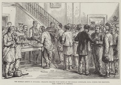 The Russian Agents in Bulgaria, Peasants treated with Drink at the Russian Consulate, Sofia, during the Elections by Johann Nepomuk Schonberg